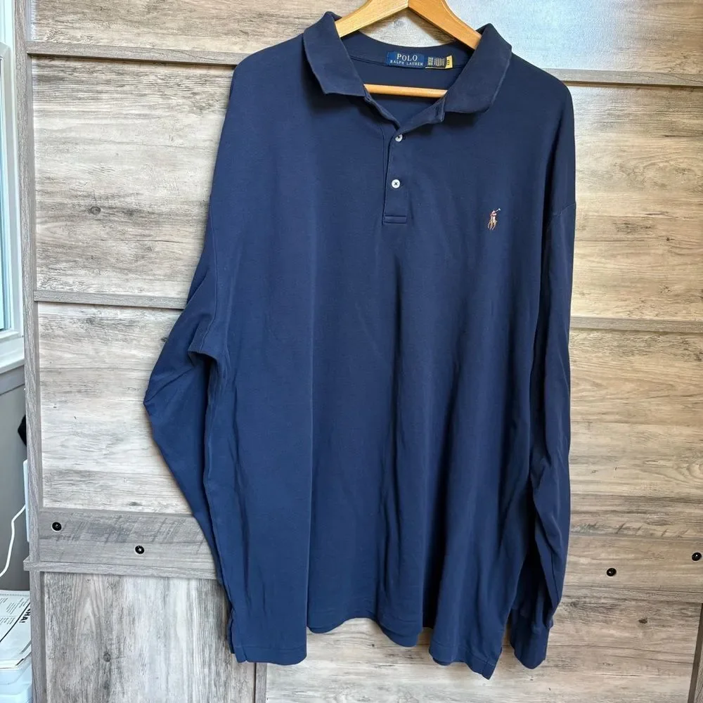 Ralph Lauren Navy Blue Long Sleeve Classic Polo Shirt 3XB Preppy Sporty Luxury